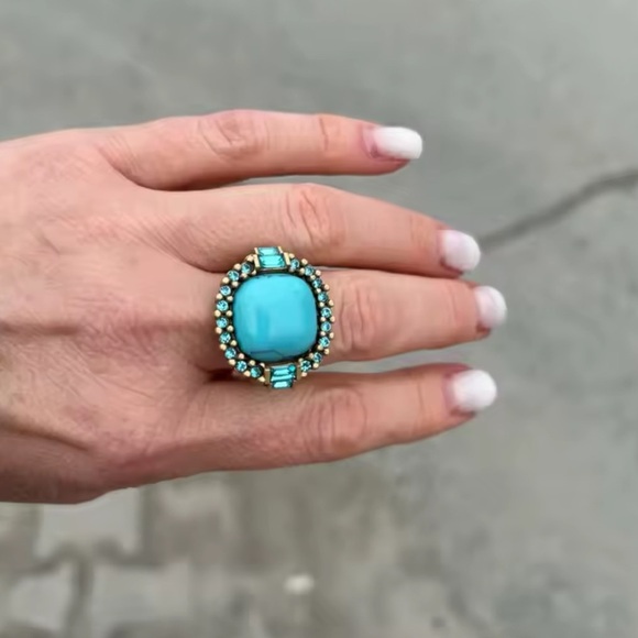 Antique Couture Turquoise Cocktail Ring 18K Gold Finish with Diamond-Style Halo - Picture 5 of 5